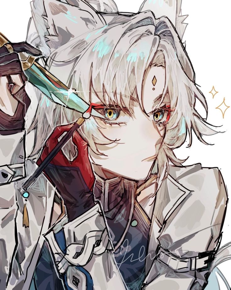 an anime character with white hair and red eyes holding a knife in his hand while looking at the camera