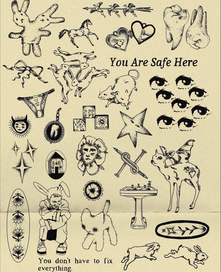 an old school poster with many different tattoos on it's back side, and the words you are safe here