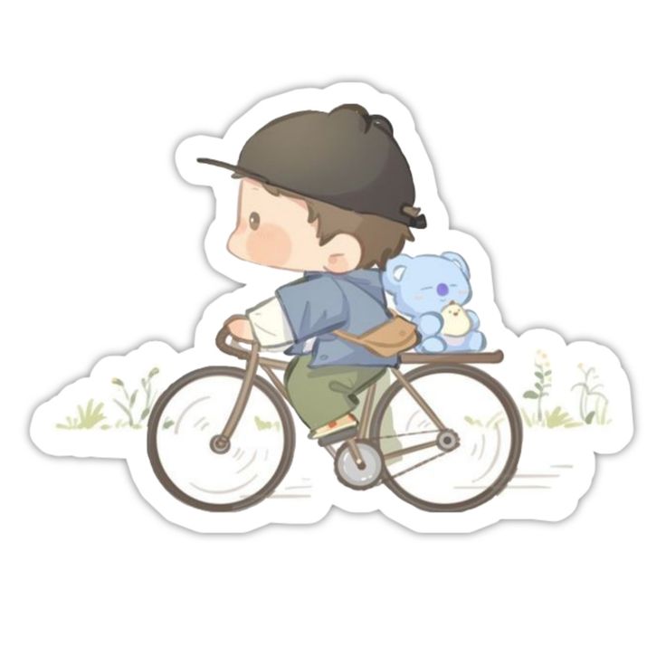 a boy riding a bike with a stuffed animal on the back