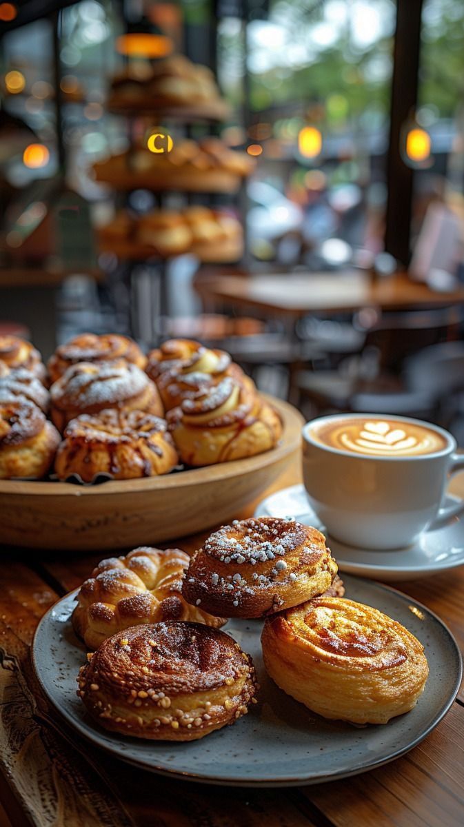 pastries and coffee on a table in a cafe