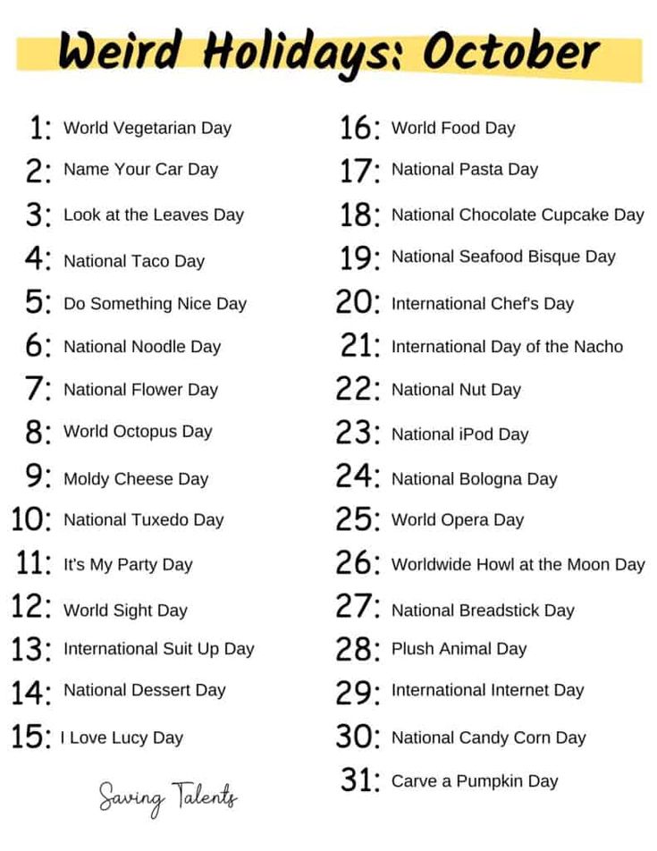 the national holiday calendar is shown in blue, yellow and white with words that read weird holidays