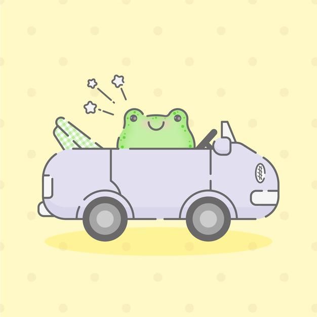 a cartoon frog driving in a car with stars coming out of its eyes and smiling