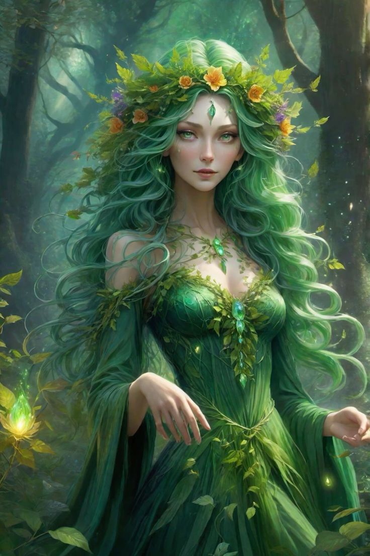 a woman with green hair and flowers on her head standing in the middle of a forest