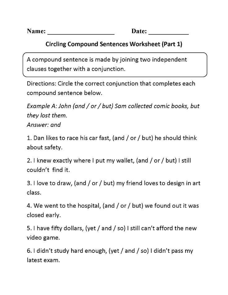 the worksheet for compound sentences is shown in black and white, with text below