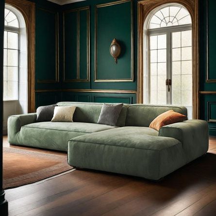 a living room with green walls and wood flooring is pictured in this image, the couch has two pillows on it