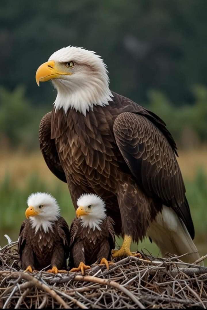 three bald eagles sitting on top of a nest