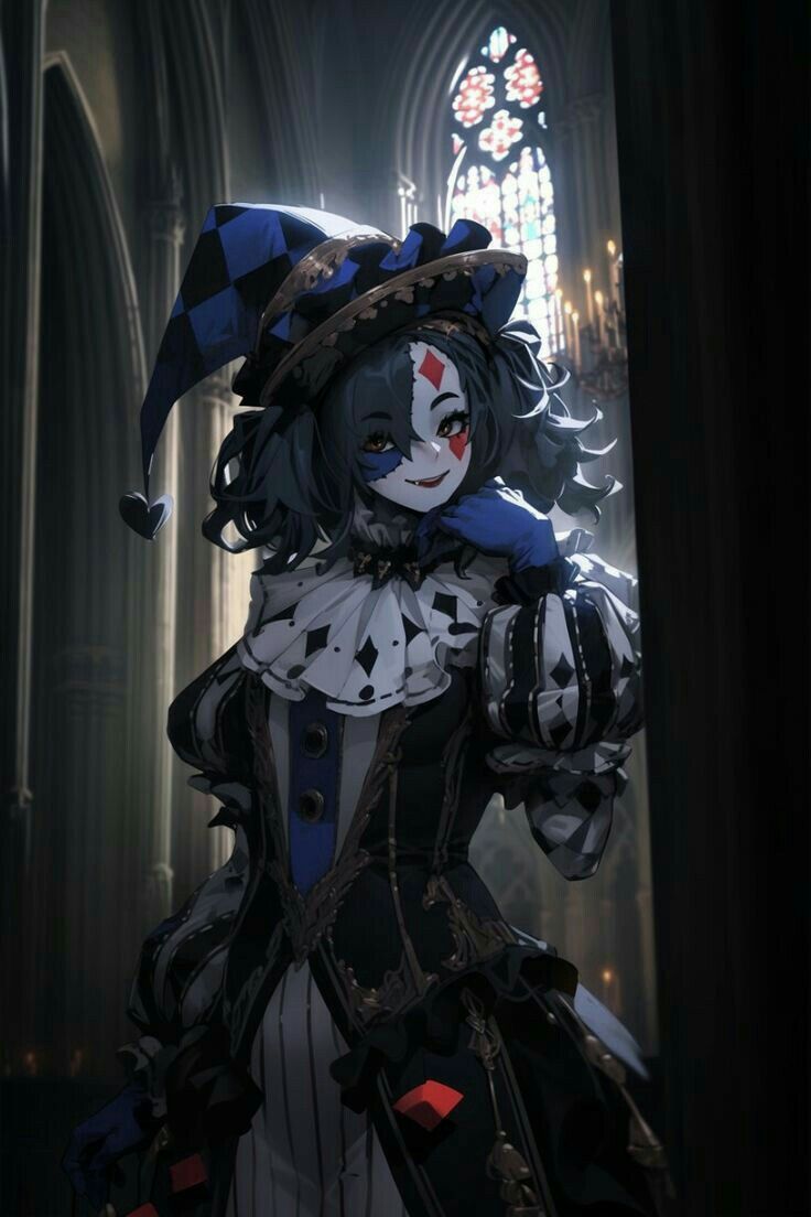 a creepy clown dressed in black and white with red eyes standing next to a stained glass window