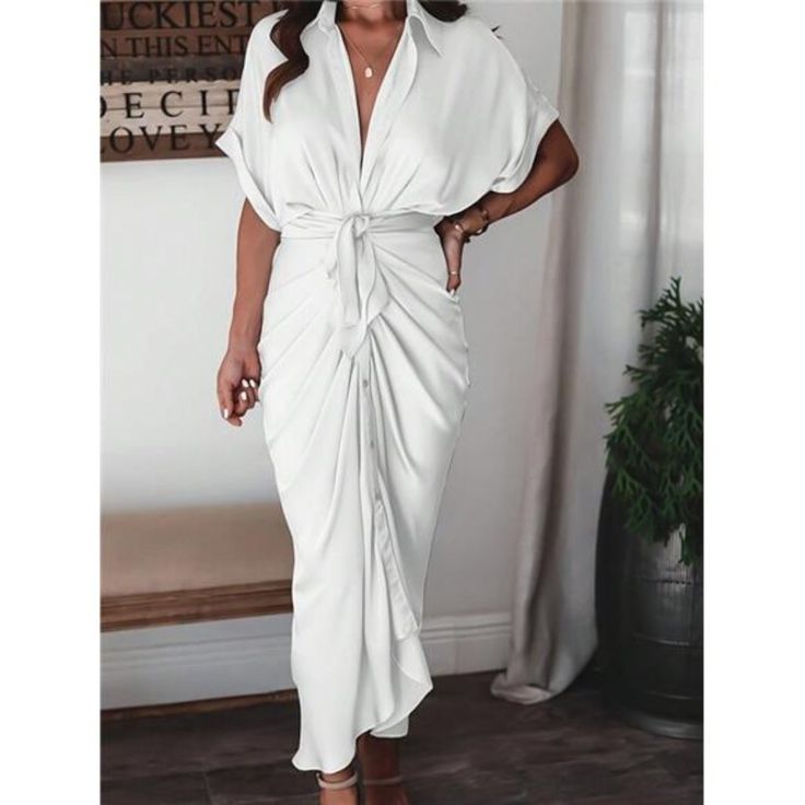 -Item Id 31726405 -Color: White -Style: Elegant -Details: Ruched, Button, Twist -Pattern Type: Plain -Type: Shirt, Fitted -Neckline: V Neck -Sleeve Length: Short Sleeve -Sleeve Type: Batwing Sleeve -Waist Line: High Waist -Hem Shaped: Asymmetrical, Pencil, Straight -Length: Midi -Fit Type: Regular Fit -Fabric: Non-Stretch -Material: Woven Fabric -Composition: 95% Polyester, 5% Elastane -Care Instructions: Machine Wash Or Professional Dry Clean -Sheer: No **Open To Offers!!!** **Bundle To Save Mo White Solid Color Maxi Dress, Chic White Solid Color Dresses, White Short Sleeve Maxi Dress For Party, White Solid Color Midi Dress For Daywear, White Knee-length Dress, White Solid Color Midi Dress For Party, Casual White Maxi Dress For Party, White Knee-length Solid Color Dress, White Solid Color Midi Dress For Brunch