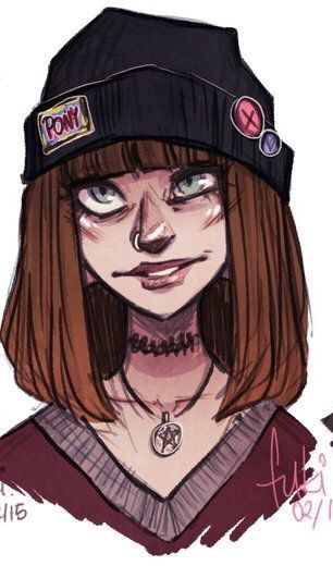 a drawing of a girl with brown hair wearing a black hat and tattoos on her face