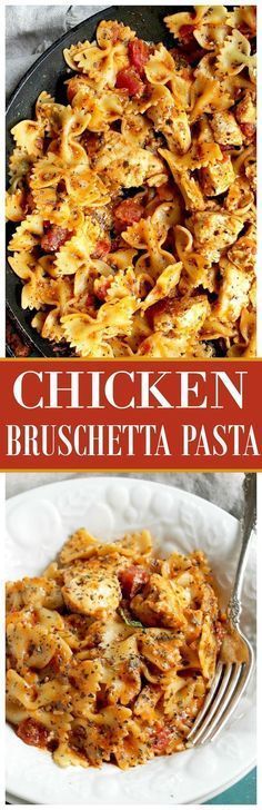 chicken bruschetta pasta in a skillet with text overlay