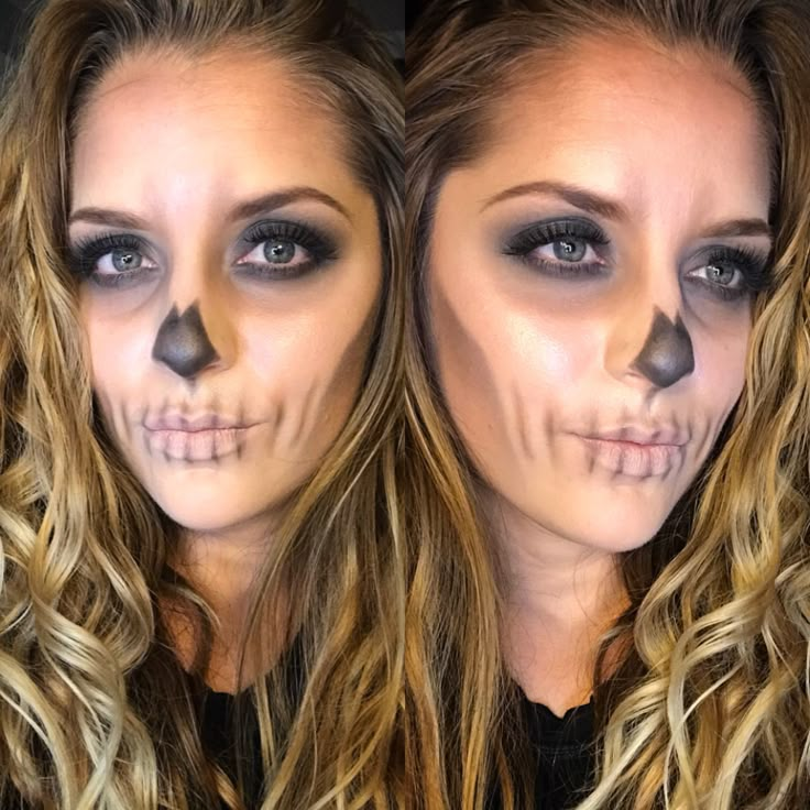 Skeleton Costume Face Paint, Easy Cute Skeleton Makeup, Skeletal Face Makeup, Easy Monster Makeup Halloween, Skeleton Makeup Pretty Easy, Skeleton Womens Costume, Cute Skeleton Face Paint, Skeleton Face Makeup Women, Womens Skull Makeup