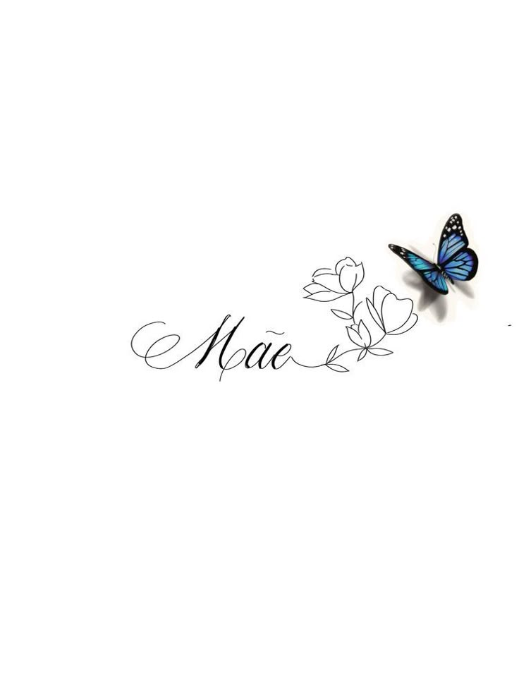 a blue butterfly sitting on top of a white wall next to the word mama written in cursive writing