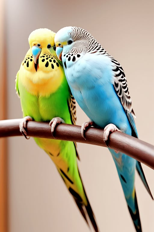 two parakeets are sitting on a branch with their beaks touching each other