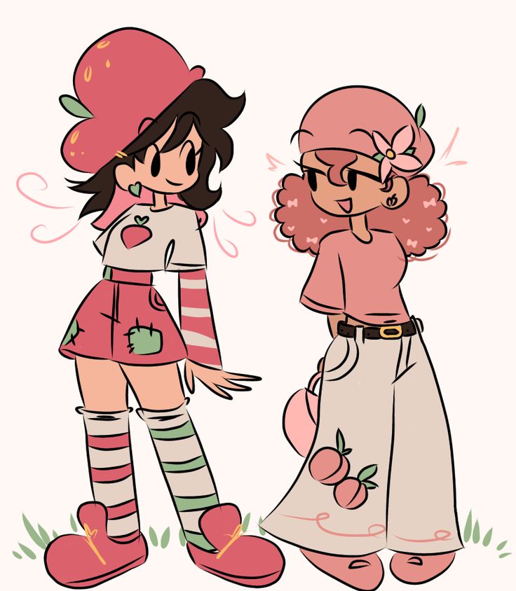 two cartoon girls standing next to each other in the grass and one is wearing a pink hat