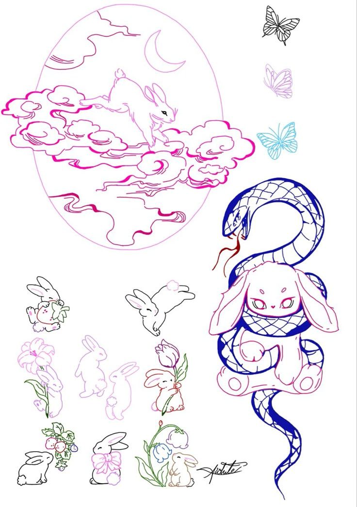 a drawing of some animals in the sky with clouds and butterflies around them, as well as an image of a woman holding a baby