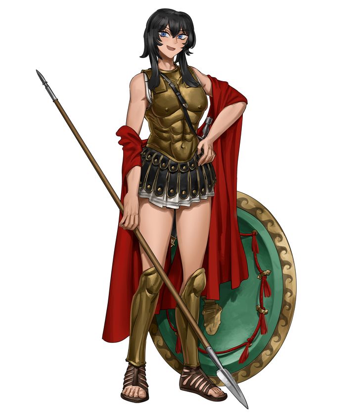 a woman dressed in roman armor and holding a spear