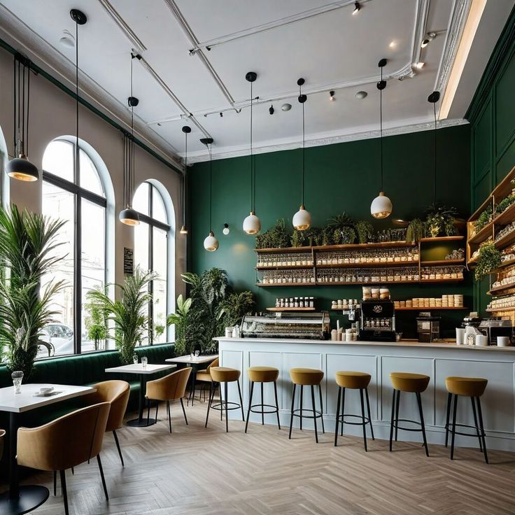 the interior of a restaurant with green walls and wooden flooring, large windows, potted plants, and bar stools