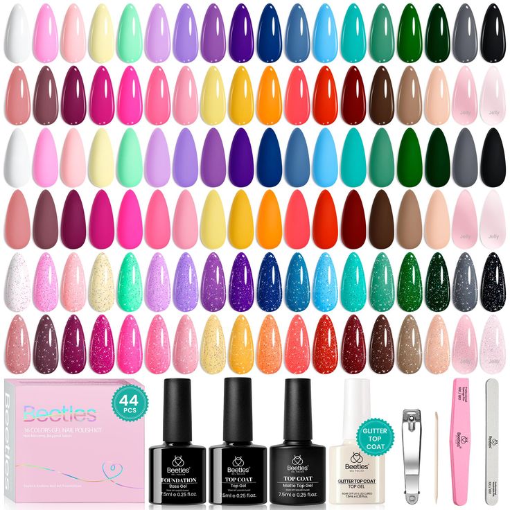 various colors of gel nail polish in different shapes and sizes, including one for each color