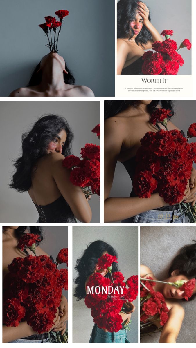 the woman is holding red flowers in her hands and posing with it's hair