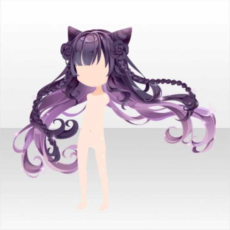 an anime character with long purple hair and cat ears, standing in front of a white background