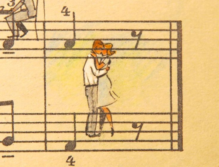 a drawing of a man and woman dancing on musical notes