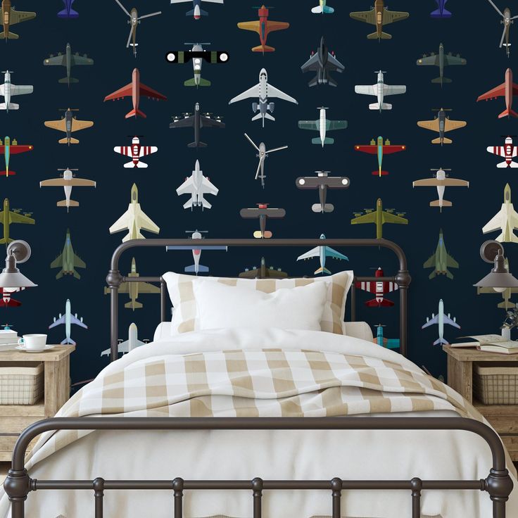 Aviator Wallpaper by Wall Blush in a stylish bedroom, showcasing airplane patterns with a modern aesthetic. Aviator Wallpaper, Boys Airplane Bedroom, Wallpaper For Renters, Airplane Room, Orange Peel Wall Texture, Wall Blush, Boys Room Wallpaper, Orange Peel Texture, Concrete Wallpaper