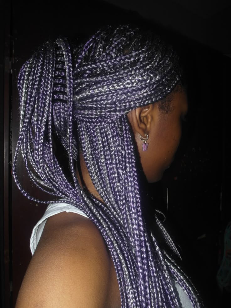 Purple And Silver Box Braids, Purple And Silver Braids, Ombre Purple Braids, Violet Box Braids, Lilac Braids For Black Women, Knotless Box Braids Purple, Purple And Black Braids For Black Women, Lavender Braids For Black Women, Purple And Black Braids Hairstyles