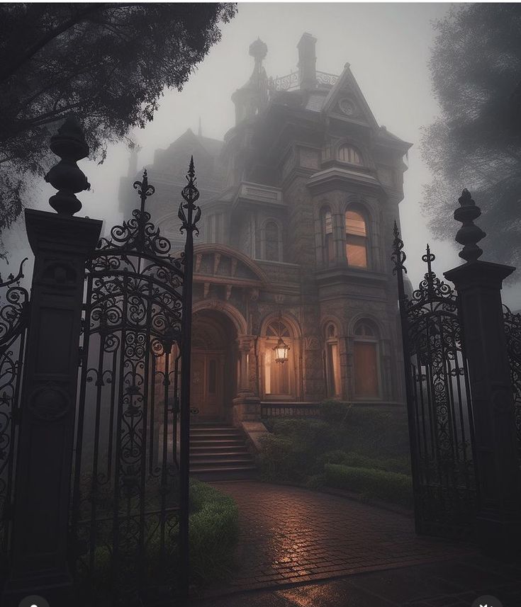 an old victorian house is lit up at night with fog and light coming through the windows