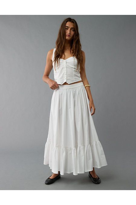 Soft, breathable cotton/Elastic waist/Ruffled bottom/This skirt is Real Good: Made with the planet in mind & a promise to continue to do better. White Tiered Skirt, Coastal Fall, Long Skirt Casual, White Maxi Skirt, Ruffle Maxi Skirt, White Maxi Skirts, Jumpsuit Skirt, Winter Skirt, Do Better