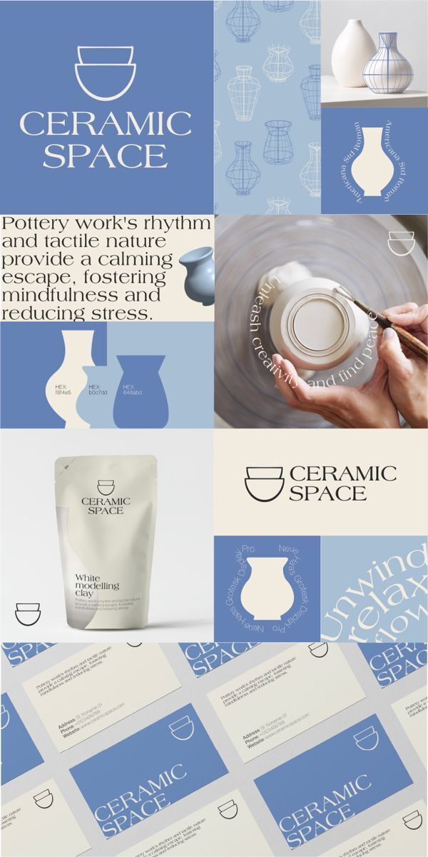 an advertisement for ceramic space with blue and white designs on the front, and two hands holding