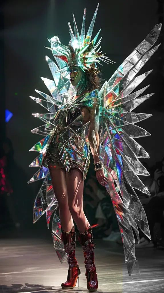 a woman is walking down the runway wearing an elaborate costume