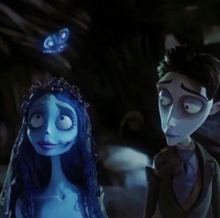 two animated characters standing next to each other in front of an alien like creature with blue hair