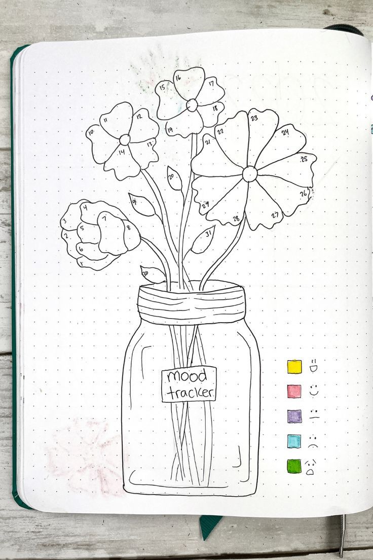 an open notebook with a drawing of flowers in a jar