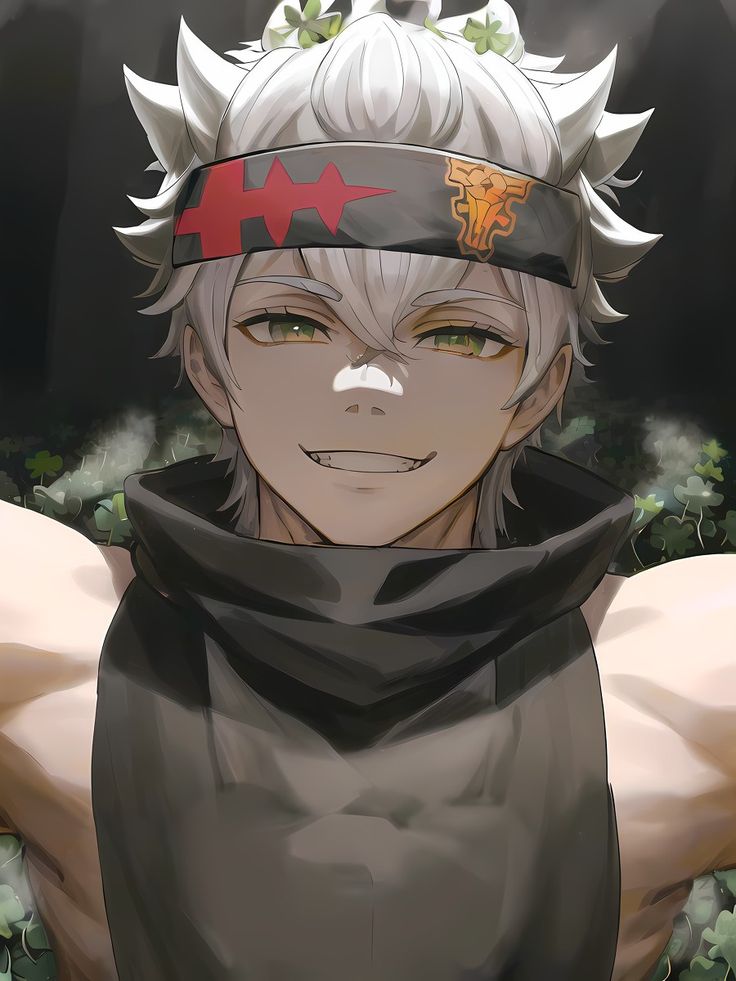 an anime character with white hair and green eyes wearing a bandana, standing in front of bushes