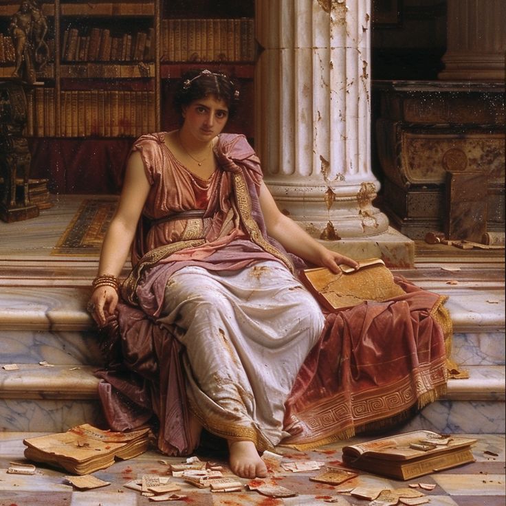 a painting of a woman sitting on the steps in front of a bookcase with books scattered around her