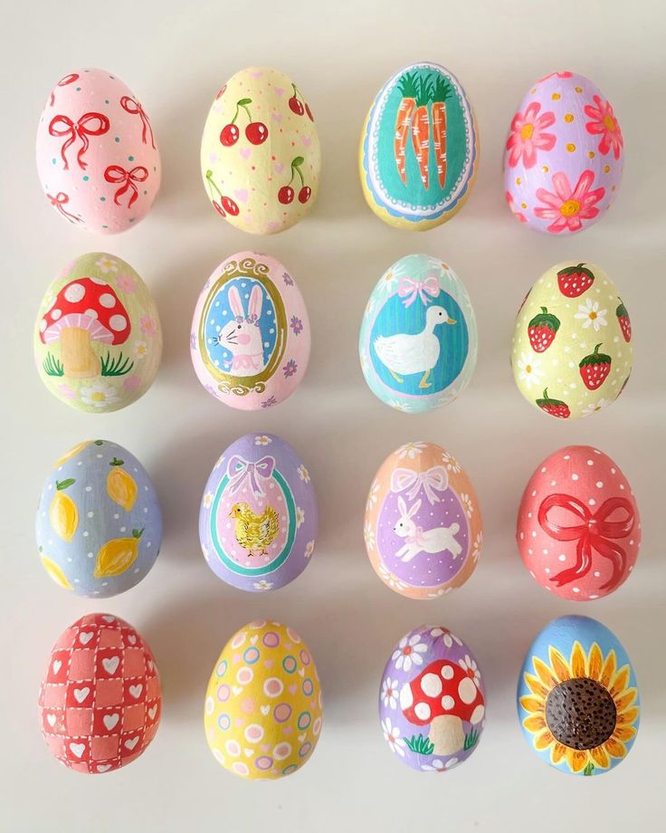 an assortment of painted eggs on a white surface