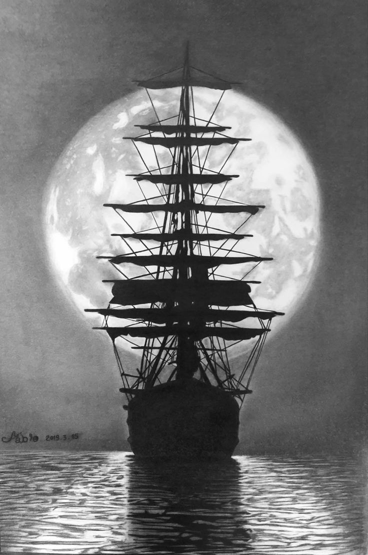 an old sailing ship floating in the ocean under a full moon