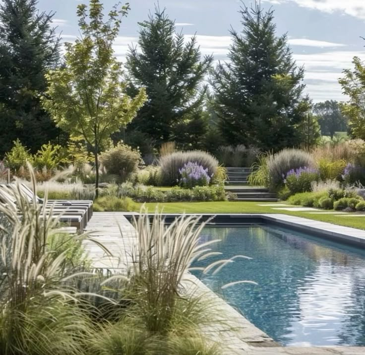 an outdoor swimming pool surrounded by plants and trees