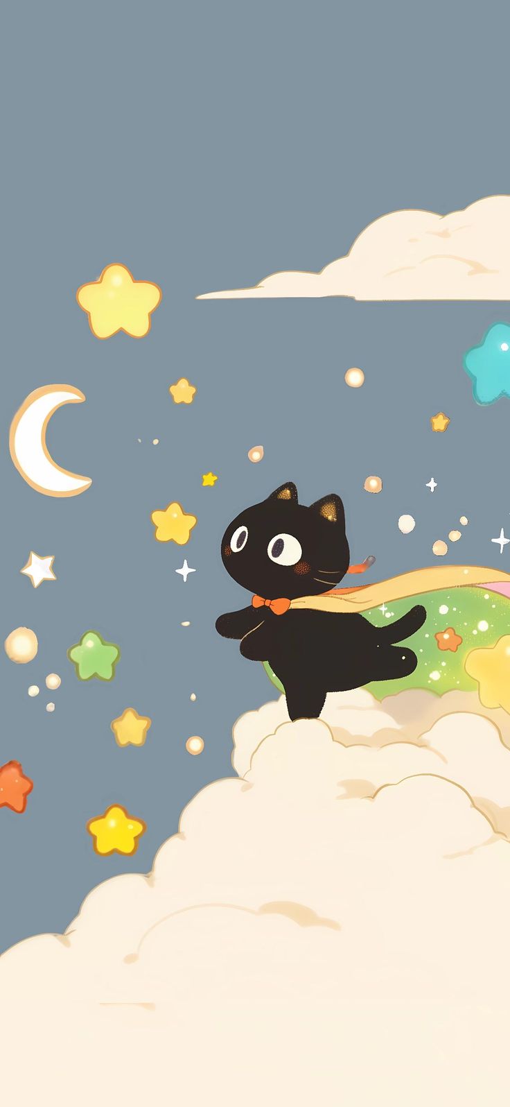 a black cat flying through the air on top of a cloud with stars and moon