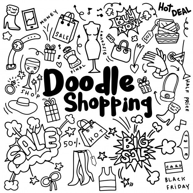 doodle shopping hand drawn in black and white with the words doodle shopping surrounded by doodles