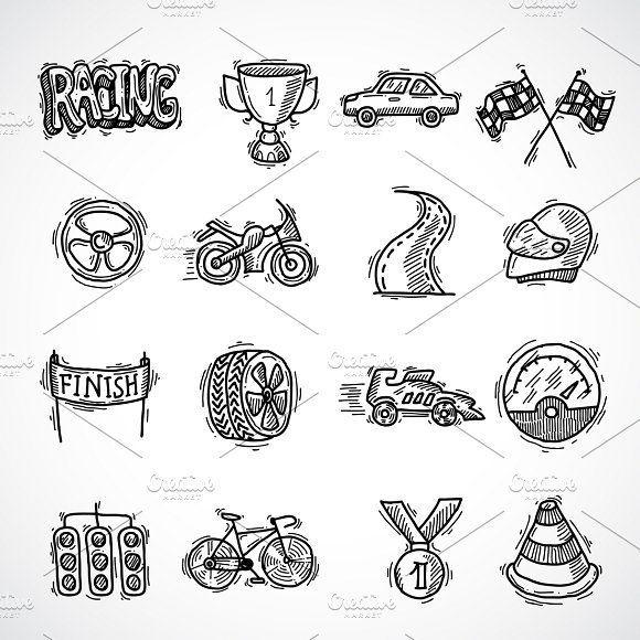 hand drawn racing related items on white paper