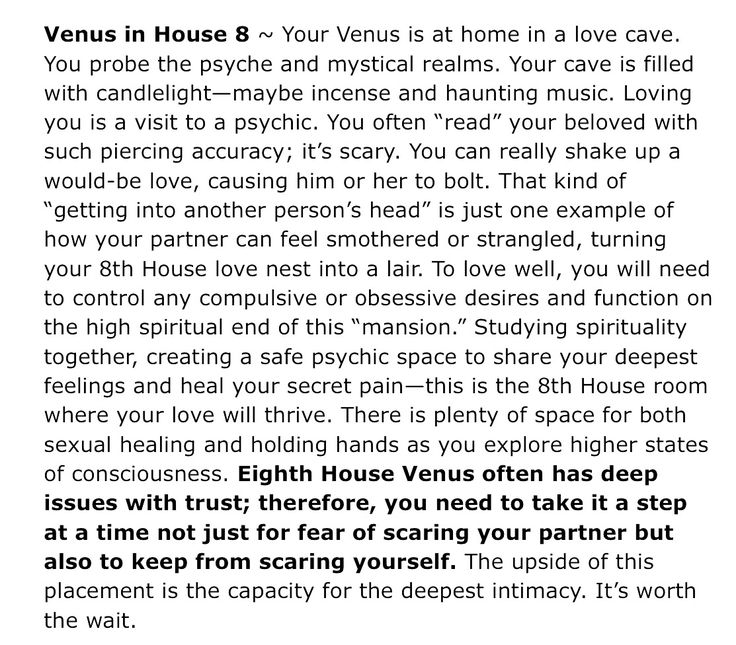 the text is written in black and white on a page that says, venus in house 8