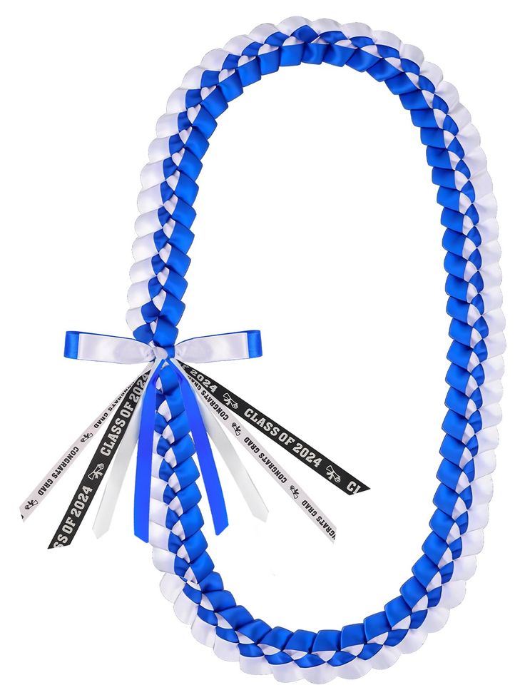 a blue and white braided necklace with ribbon