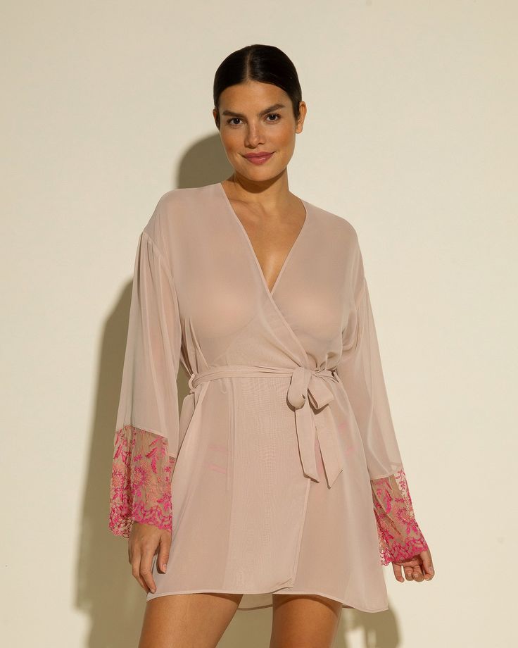 Sheer robe with lace sleeves. Beautifully detailed rigid semi-sheer lace. Mid-thigh length. Removable tie at waist. Lace trimmed long sleeves. Hand wash, do not dry in dryer. Mesh Robe, Womens Robe, Sheer Robe, Luxury Sleepwear, Mens Sleepwear, Women's Robe, Maternity Swimwear, Sleepwear & Loungewear, Bra And Panty Sets