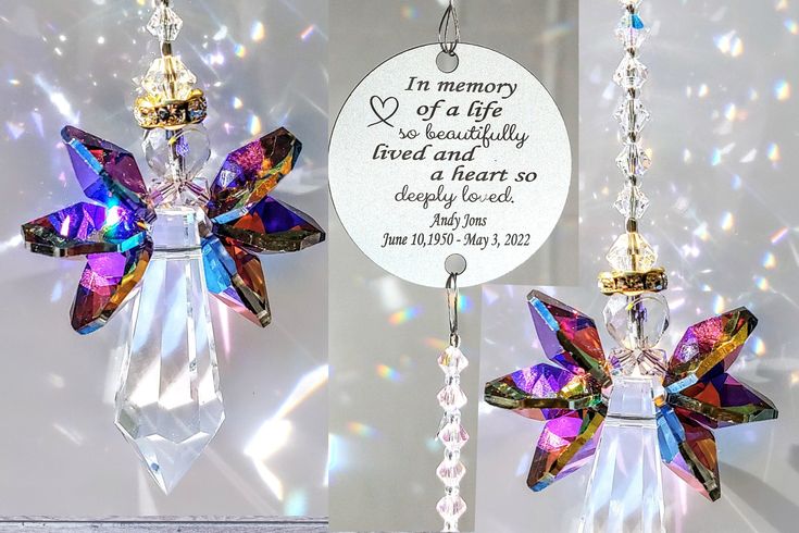 two angel ornament hanging from chains with a memorial message on the front and back