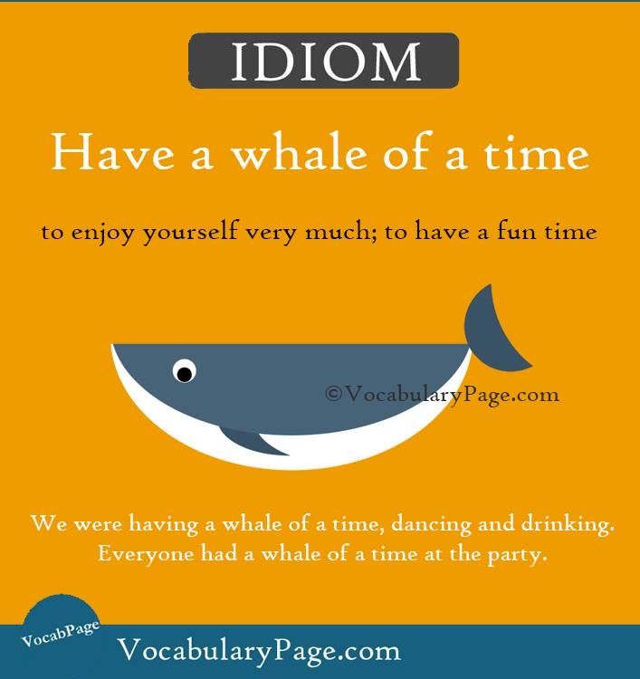 a poster with an image of a whale and the words idiom have a whale of a time to enjoy yourself very much