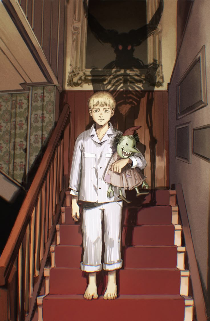 a boy in pajamas holding a stuffed animal on the steps to a room with red carpet