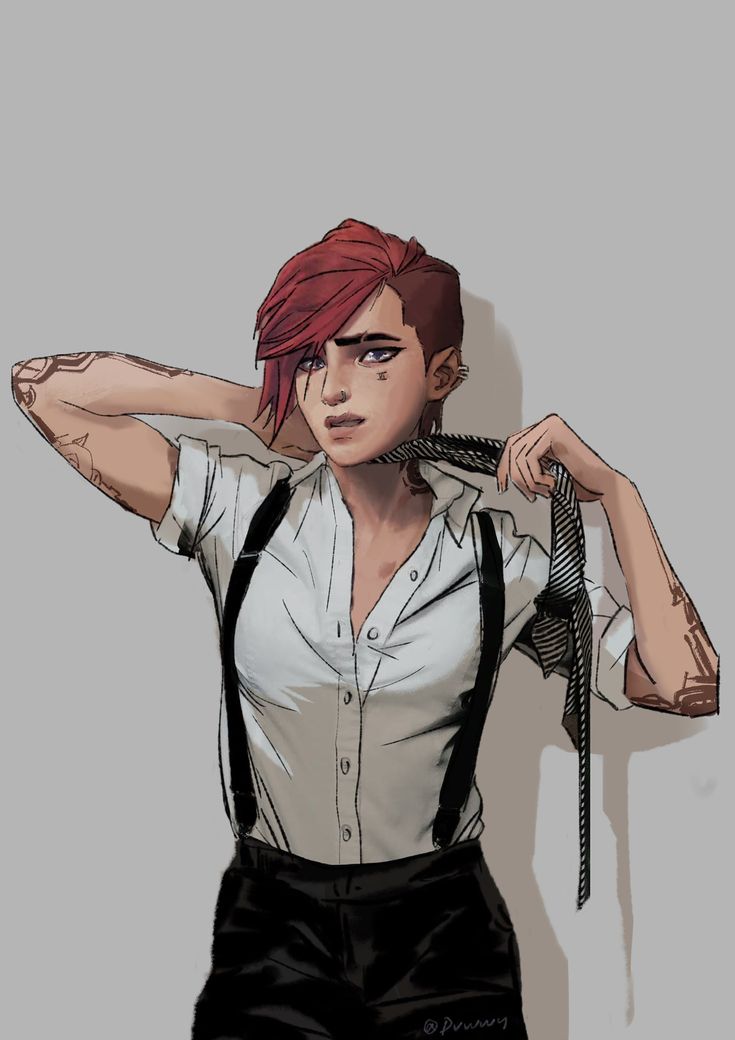 an anime character with red hair and suspenders