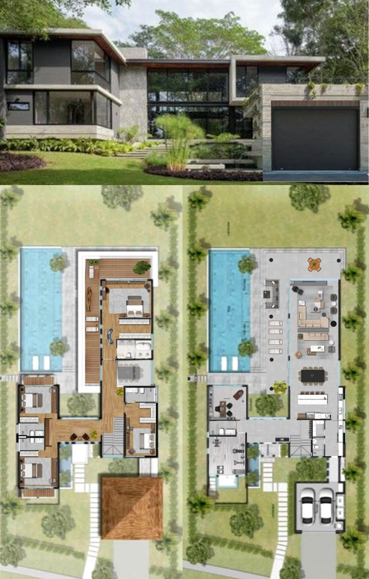 two different views of the same house from above and below, one shows an outdoor swimming pool