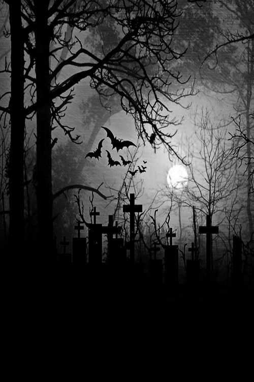 a cemetery with bats flying over it at night in front of the moon and trees